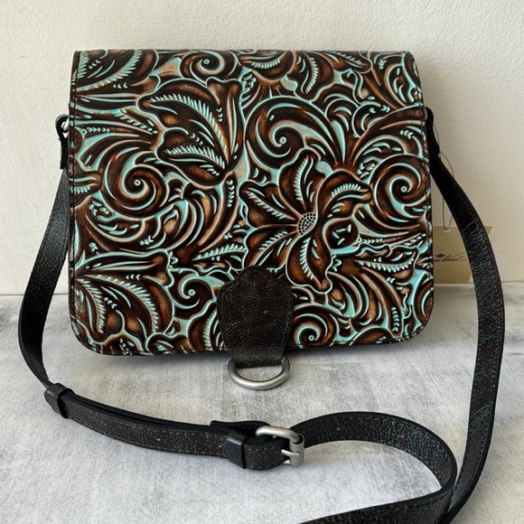 Patricia Nash Ilina Leather Floral Embossed Tooled Turquoise Crossbody Handbag - Picture 1 of 14